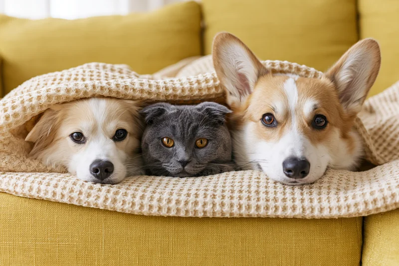 Two dogs and a cat resting together under a blanket on a yellow couch