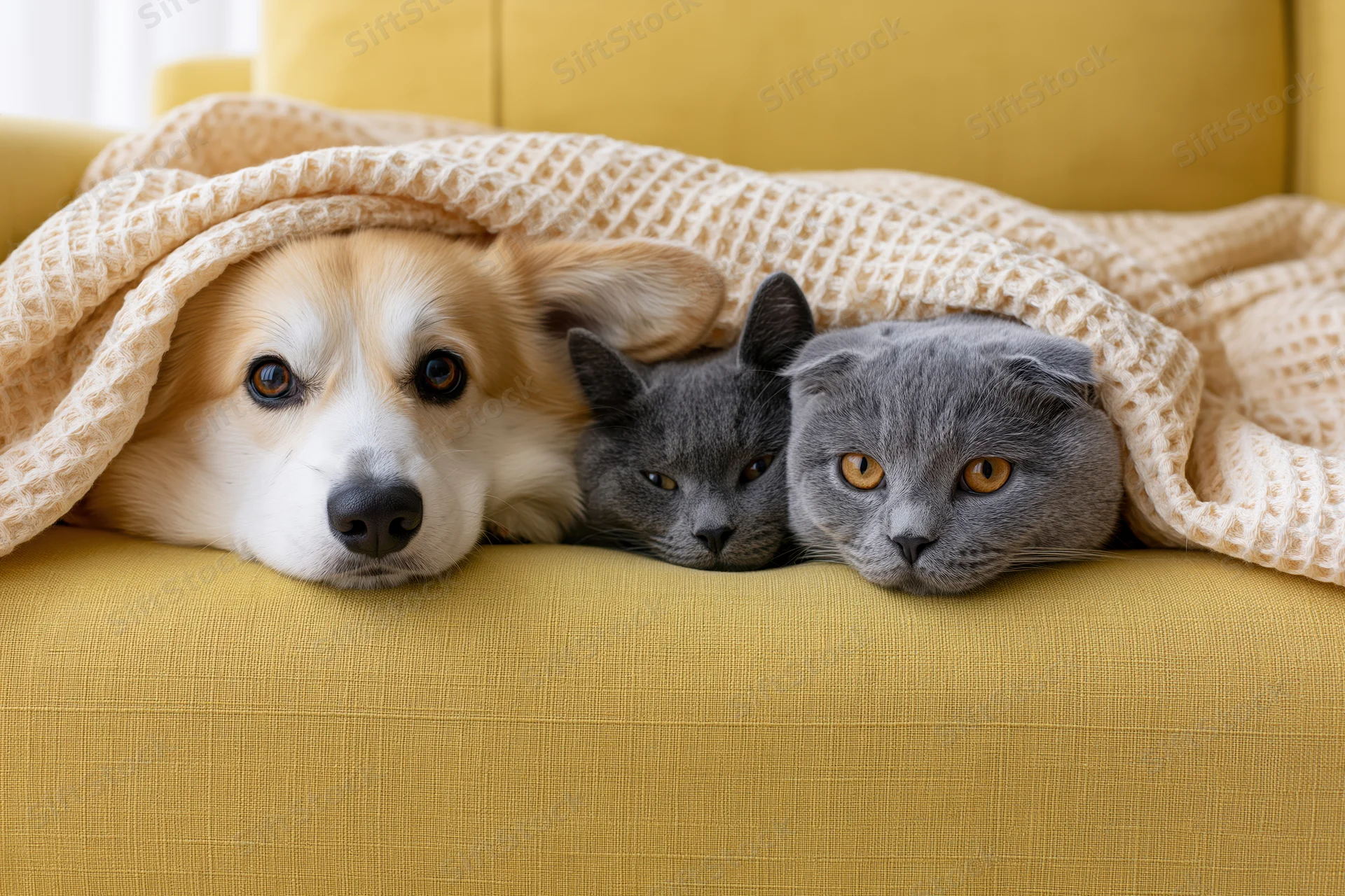 Dog and two cats resting together under a knitted blanket on a yellow sofa