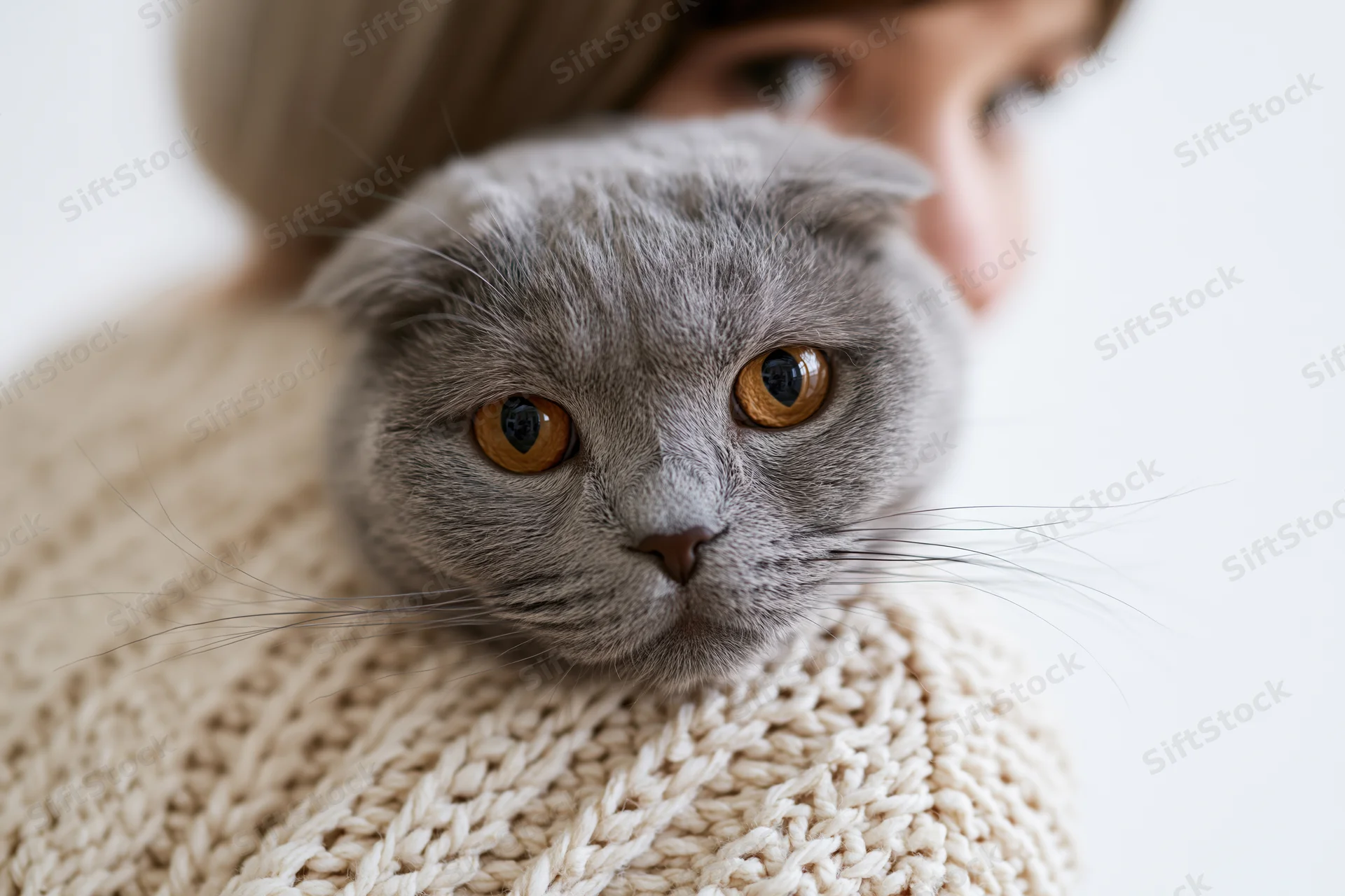 Grey scottishfold cat resting chin on woman's knitted sweater shoulder