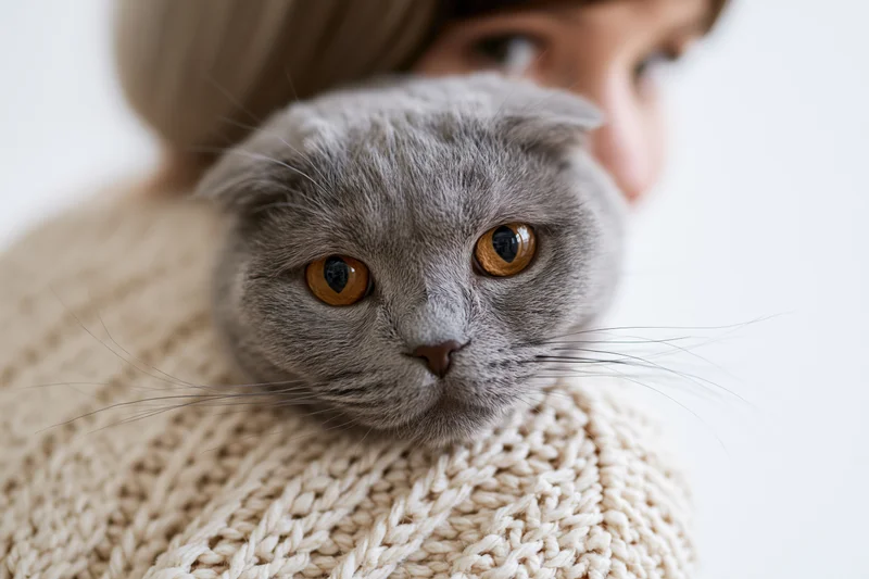 Grey scottishfold cat resting chin on woman's knitted sweater shoulder
