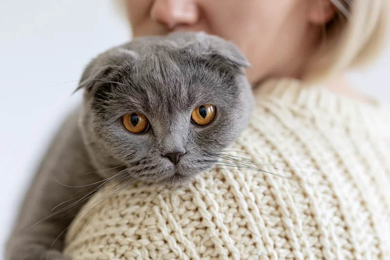 Grey scottishfold cat resting chin on woman's shoulder in knit sweater indoors