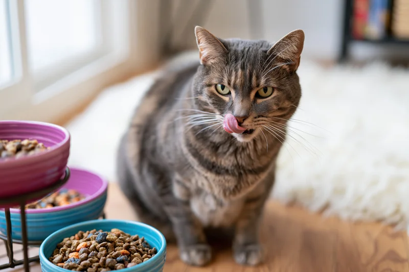 Grey tabby cat licking its lips while sitting on wooden floor beside bowls of dry pet food in home interior