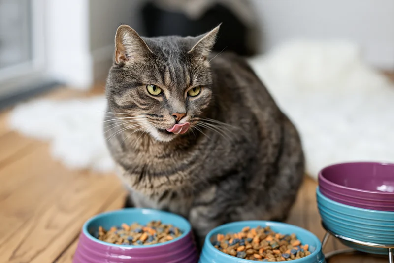 Gray tabby cat sitting on wooden floor behind two bowls of kibble with tongue out