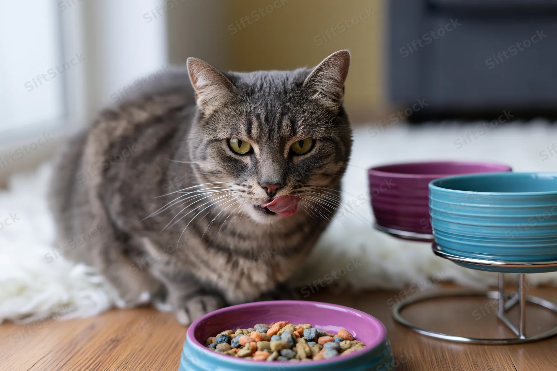 Grey tabby cat licking its lips while sitting on wooden floor beside pet bowls filled with dry food