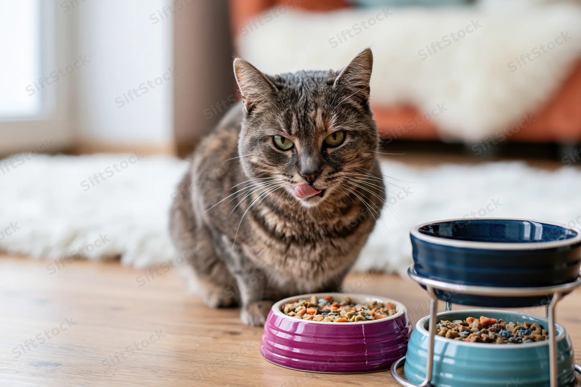 Grey tabby cat sitting on wooden floor behind two bowls of kibble, tongue out, near elevated pet bowls and white rug