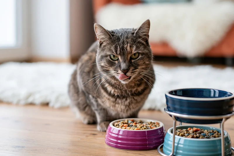 Grey tabby cat sitting on wooden floor behind two bowls of kibble, tongue out, near elevated pet bowls and white rug