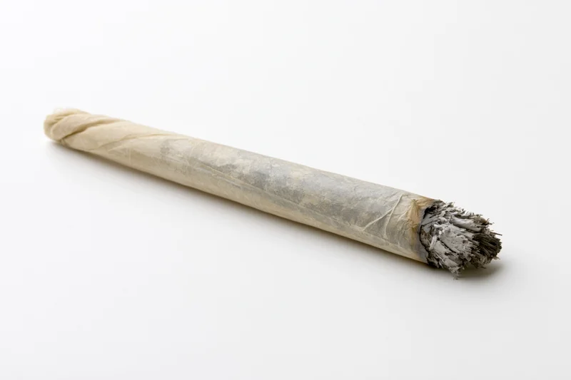 Hand-rolled cannabis joint with ash and twisted tip on white background