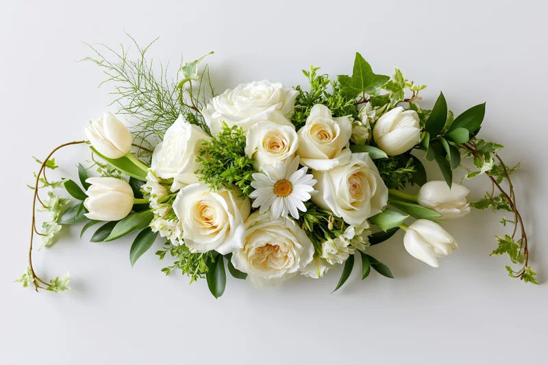 Horizontal floral arrangement of white roses, tulips, and daisies with greenery on white background