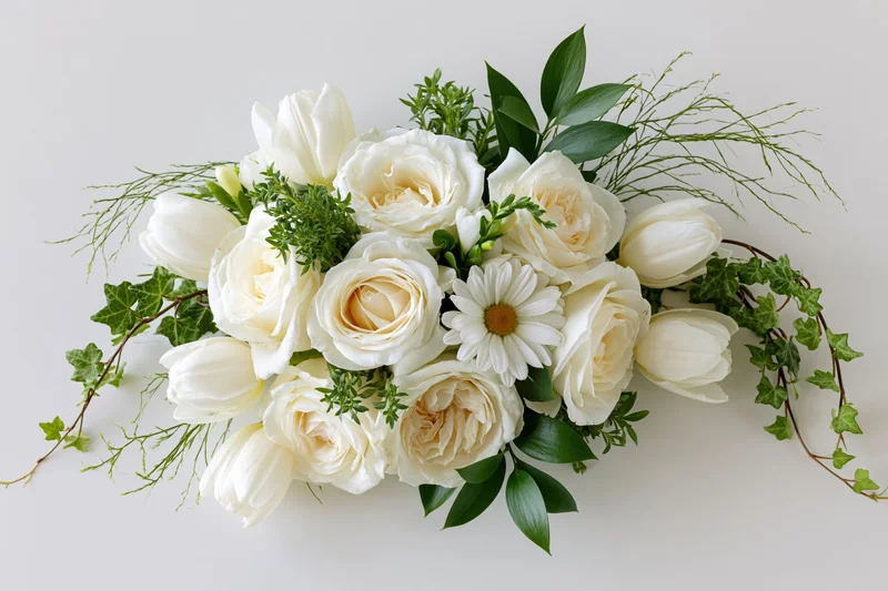 Horizontal floral arrangement of white roses, tulips and daisies with green foliage on white background