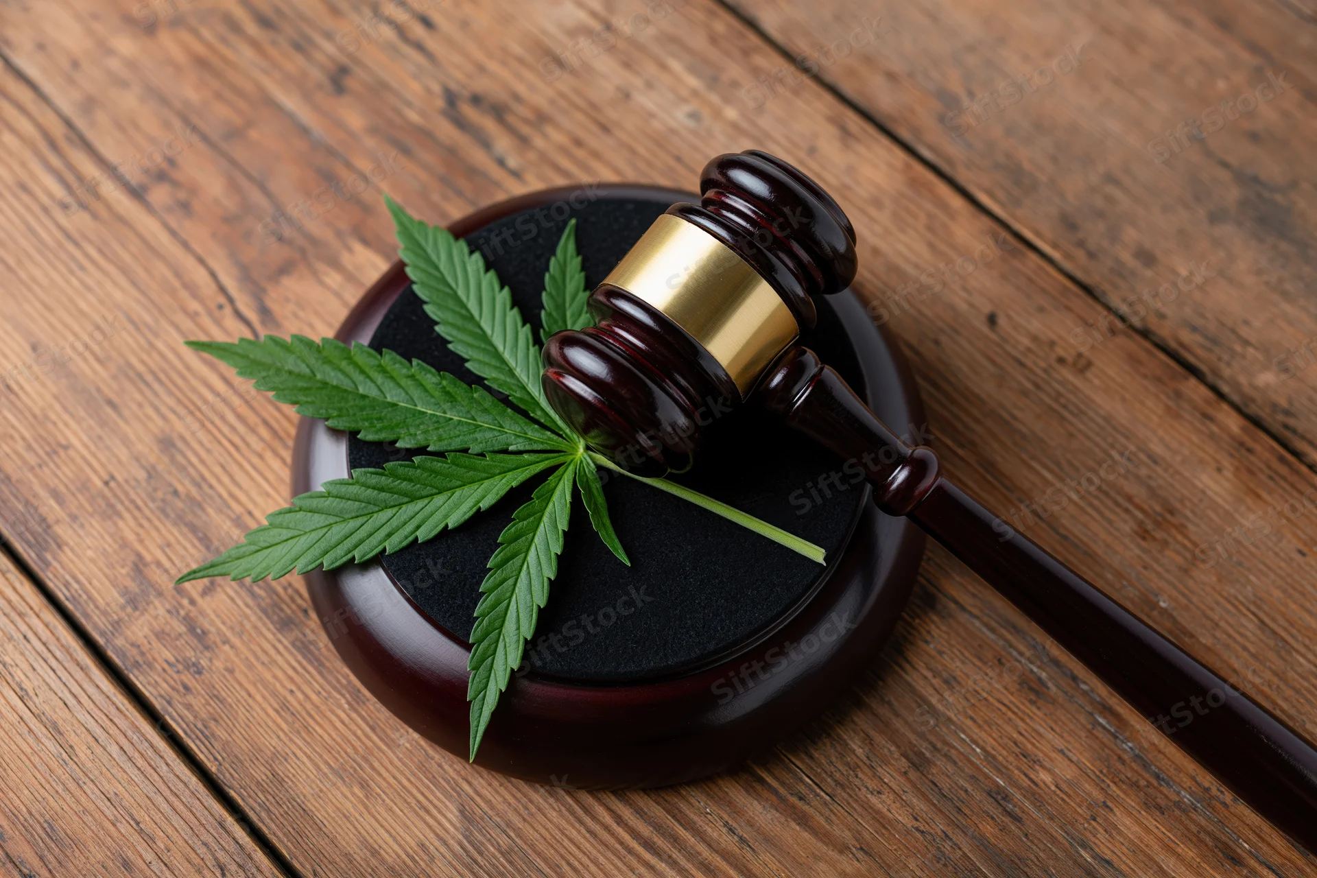 Wooden gavel resting on black sound block with cannabis leaf on wooden surface