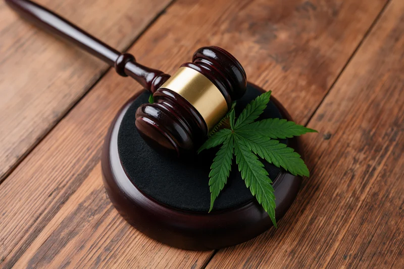 Wooden gavel resting on black sound block with cannabis leaf on wooden surface