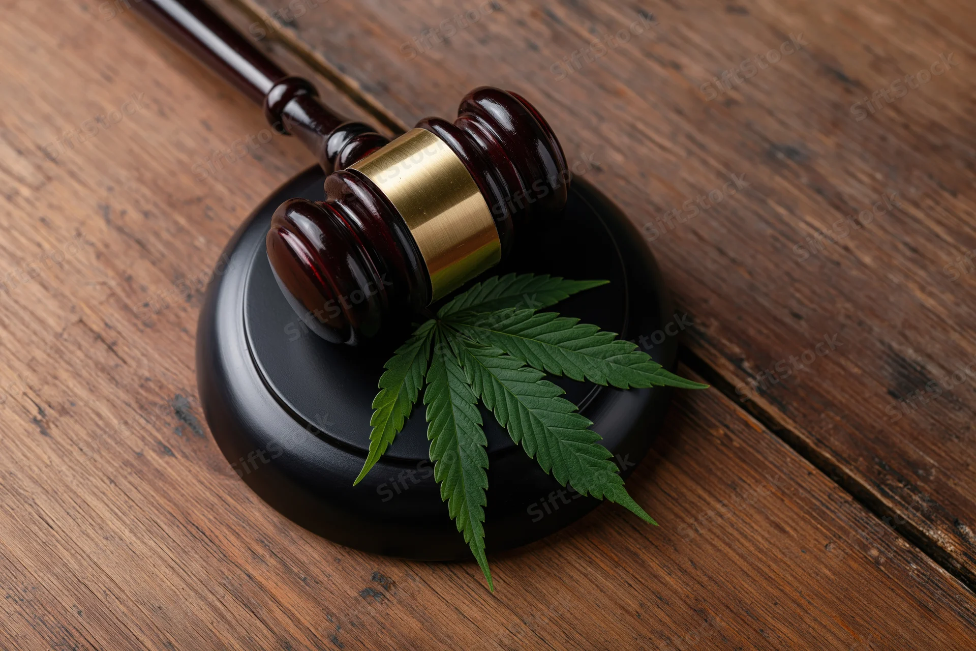 Wooden gavel resting on black sound block with cannabis leaf on wooden surface