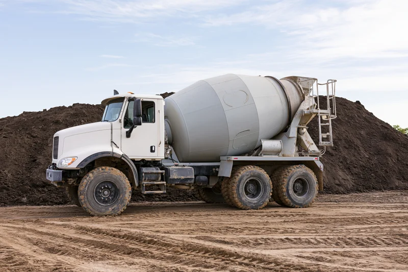 Cement mixer truck parked on a dirt construction site with soil piles in the background