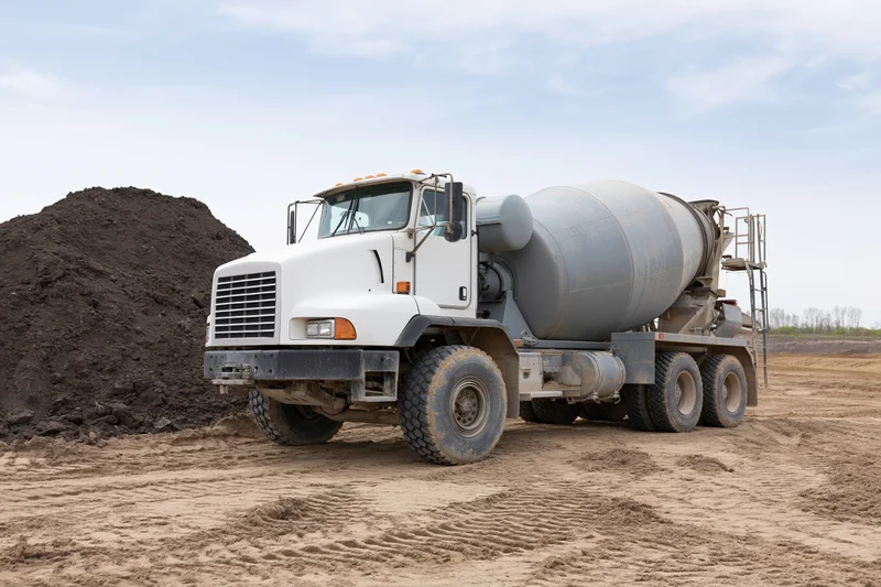 Cement mixer truck parked on a dirt construction site with a pile of soil nearby