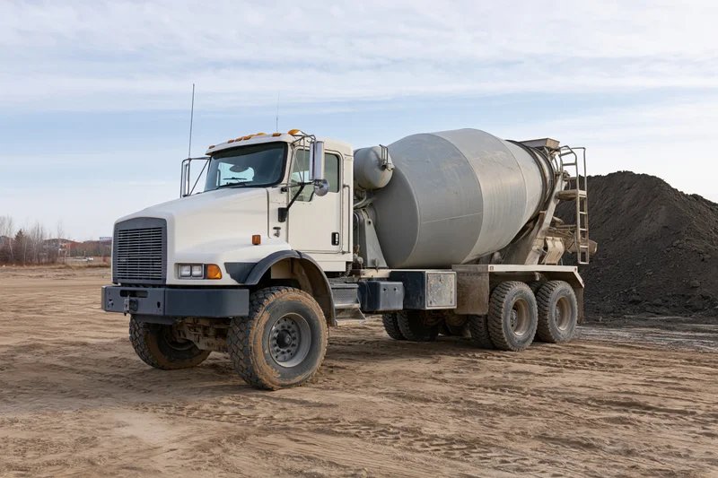 Cement mixer truck parked on a dirt construction site with gravel pile in background