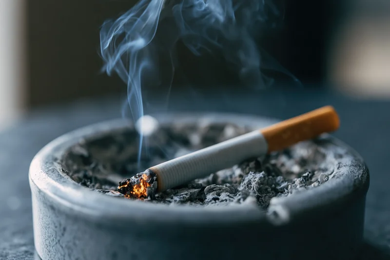 Lit cigarette burning in an ash-filled ceramic ashtray with rising smoke