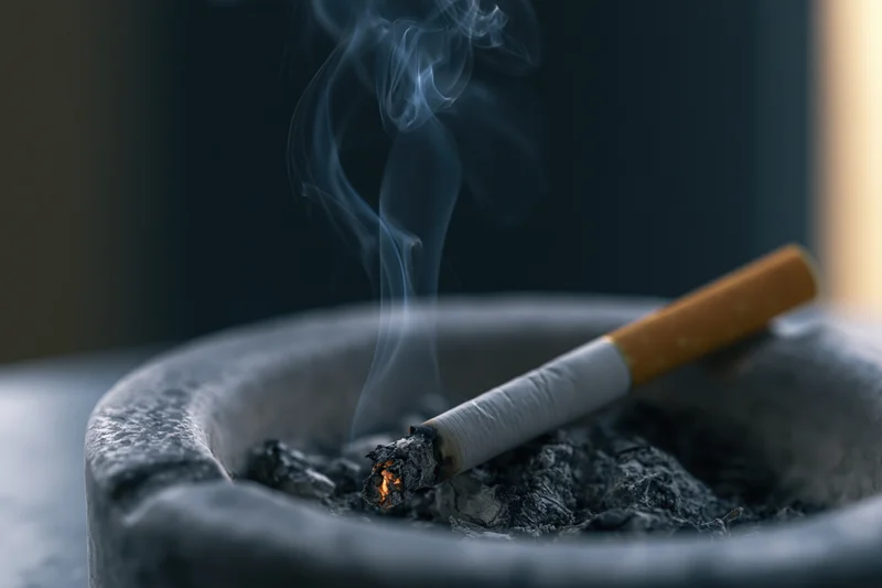 Lit cigarette burning in an ash-filled ceramic ashtray with rising smoke