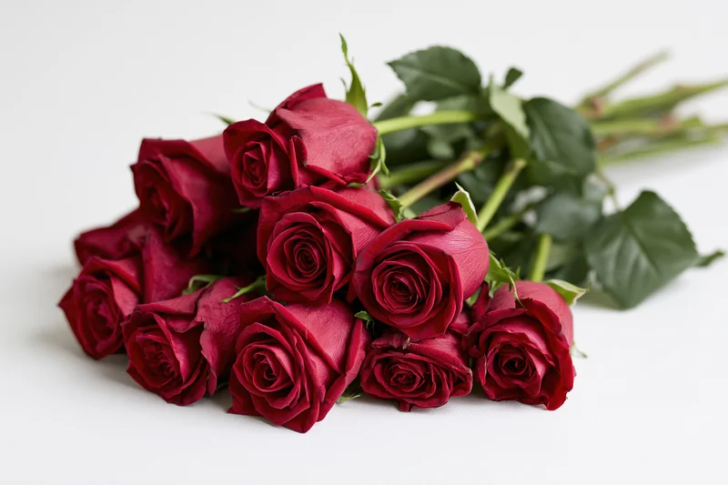 Loose bouquet of deep red roses with green stems and leaves on white background