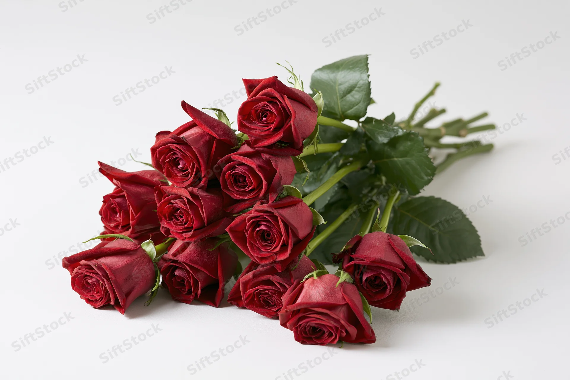 Loose bouquet of deep red roses with green stems and leaves on white background