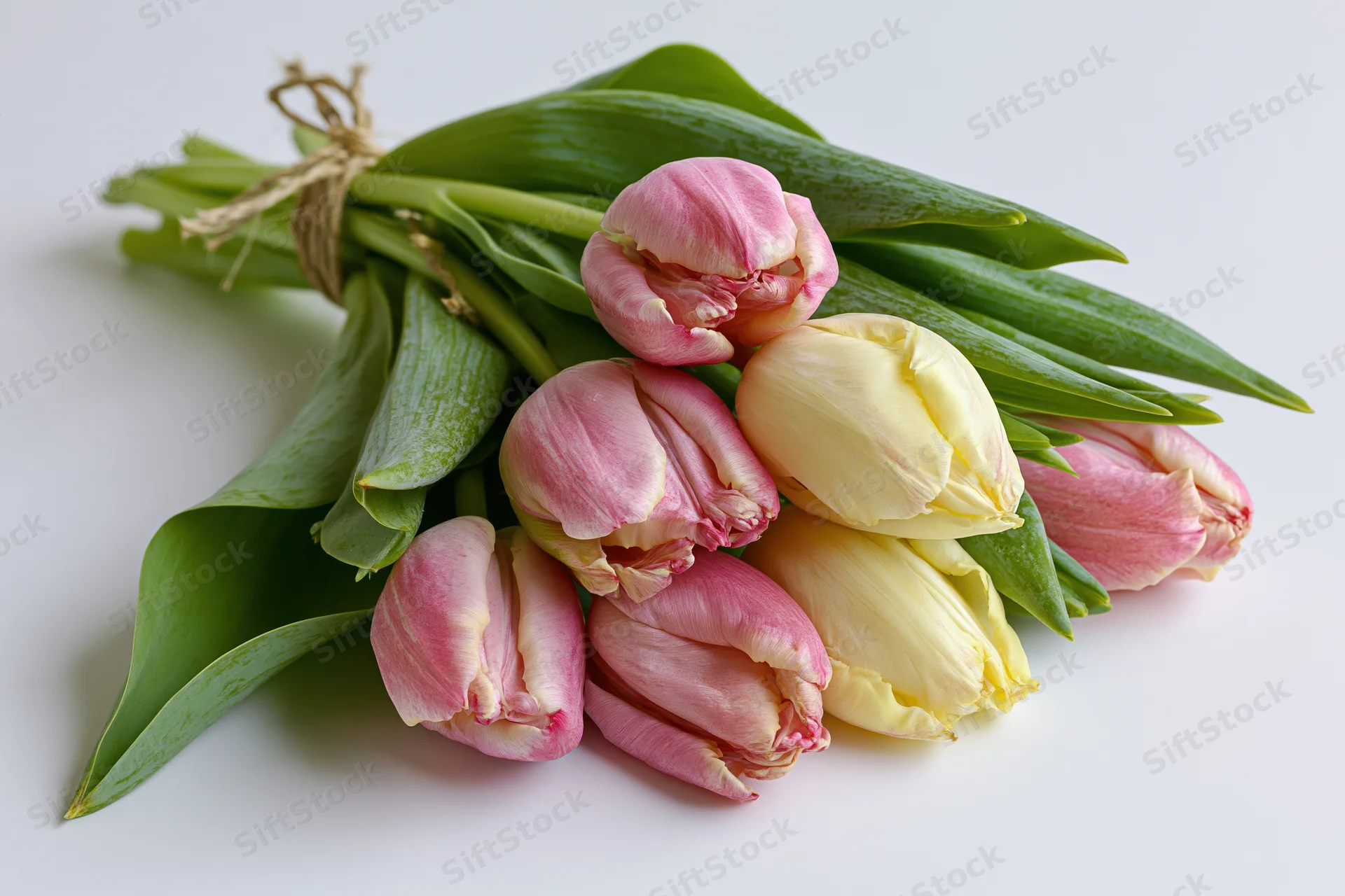 A loose bouquet of pink and pale yellow tulips with broad green leaves tied with twine on a white surface