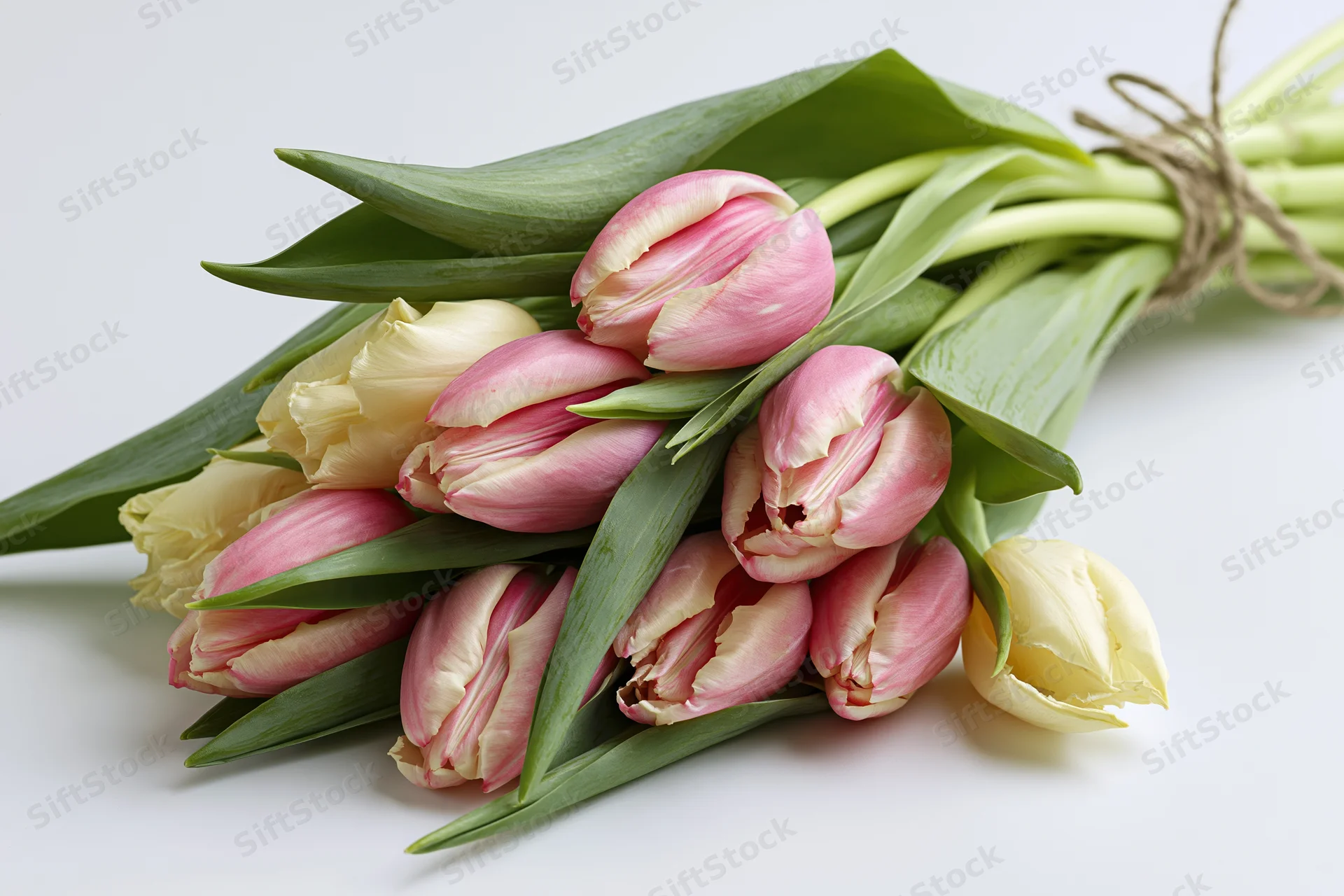 Loose bouquet of pink and pale yellow tulips with green stems and leaves tied with twine on white surface