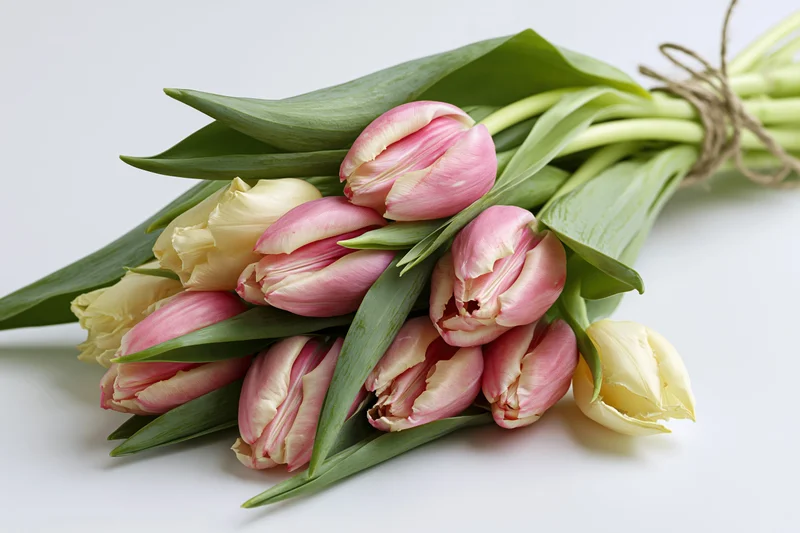 Loose bouquet of pink and pale yellow tulips with green stems and leaves tied with twine on white surface