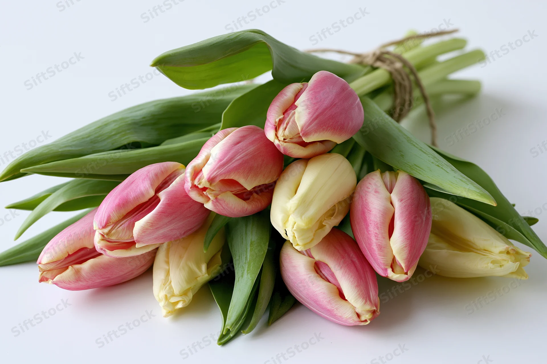 Loose bouquet of pink and pale yellow tulips with green stems and leaves tied with twine on white background