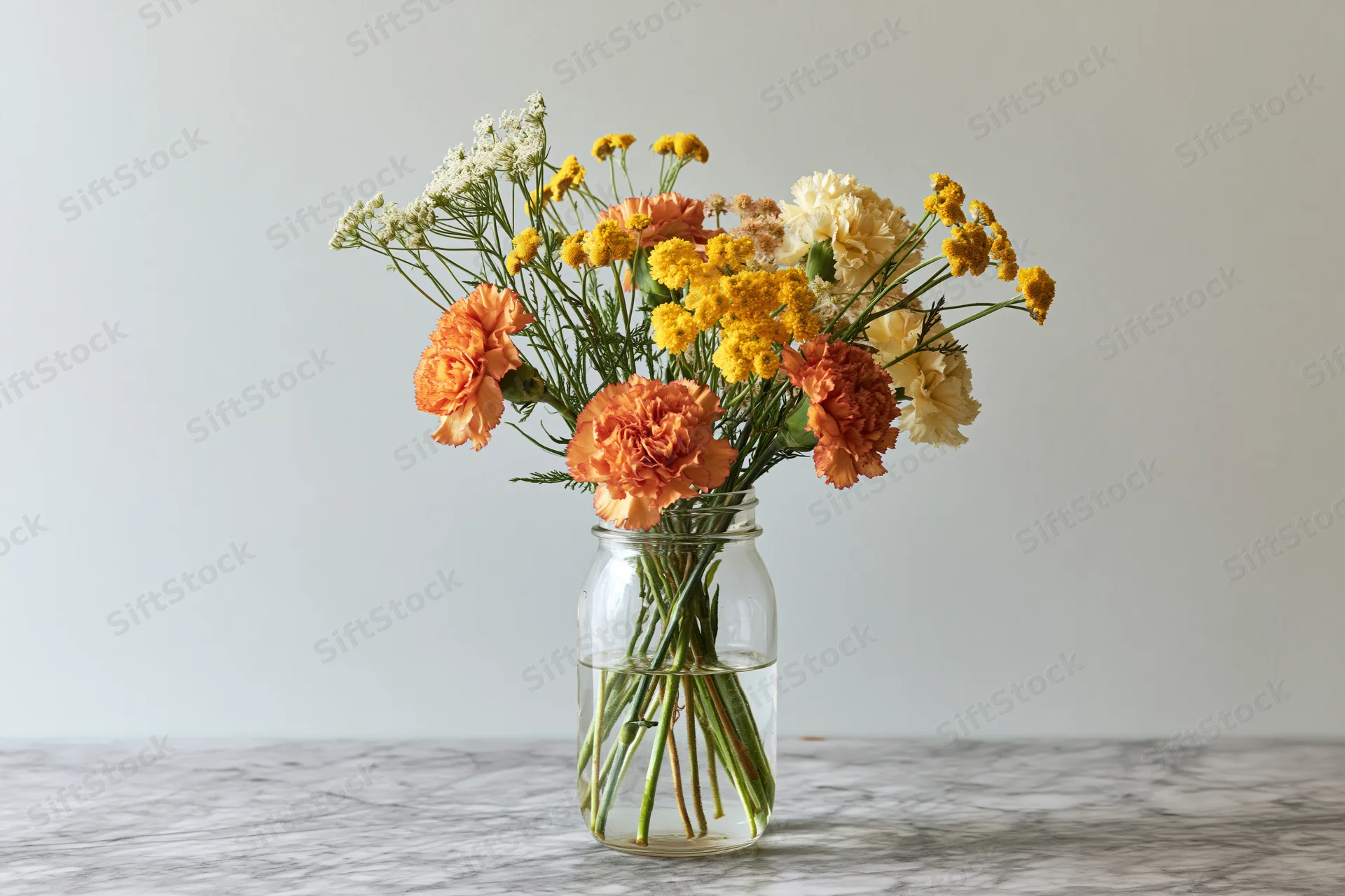 Mixed bouquet of orange carnations, yellow button flowers, and white yarrow in a glass jar on a marble table