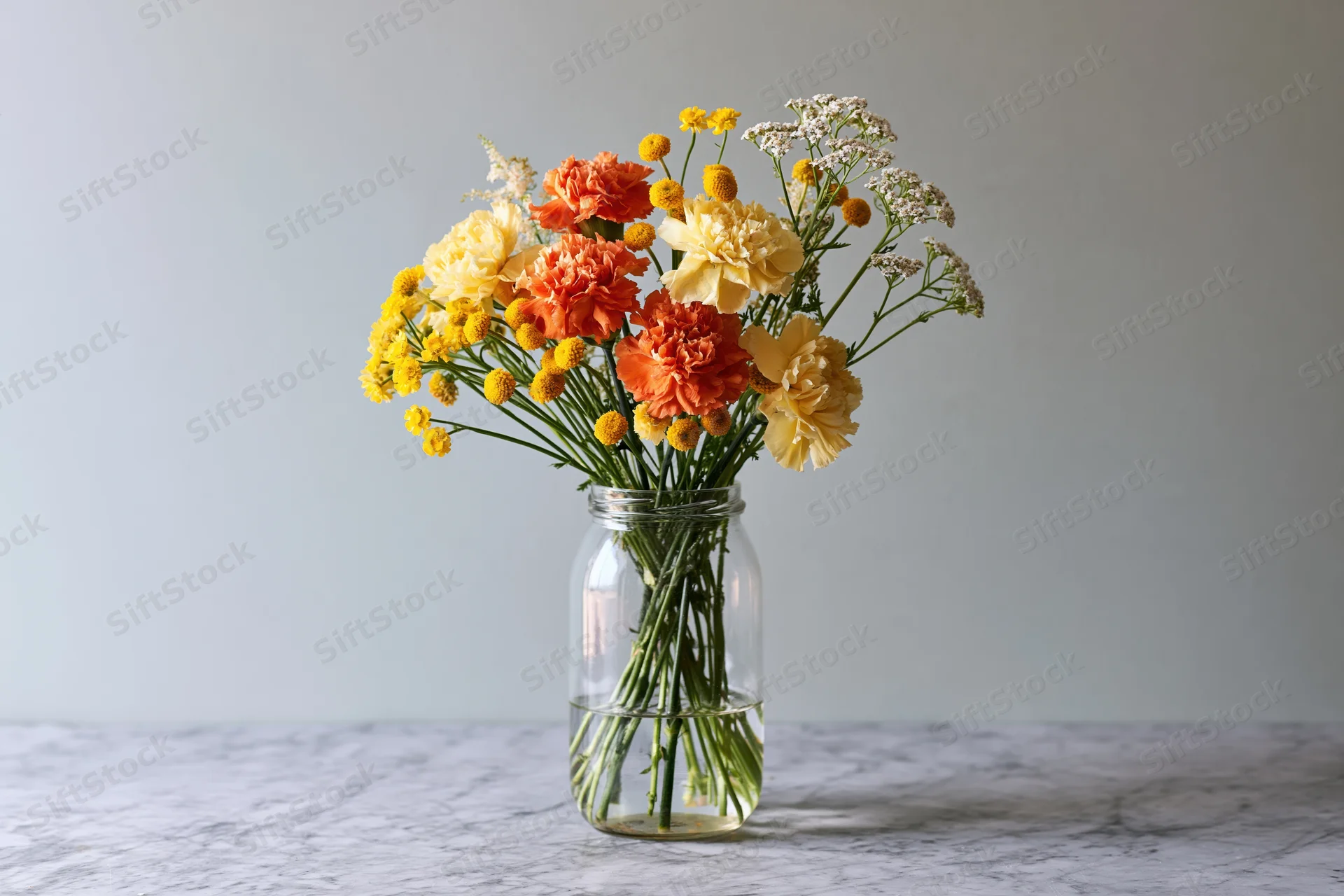 Mixed bouquet of orange carnations, yellow marigolds, and white yarrow in a clear glass jar on a marble surface