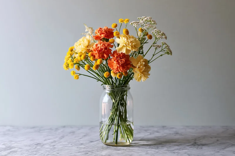 Mixed bouquet of orange carnations, yellow marigolds, and white yarrow in a clear glass jar on a marble surface