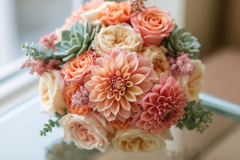 Bridal bouquet of coral and peach roses and dahlias with succulents and greenery on a table
