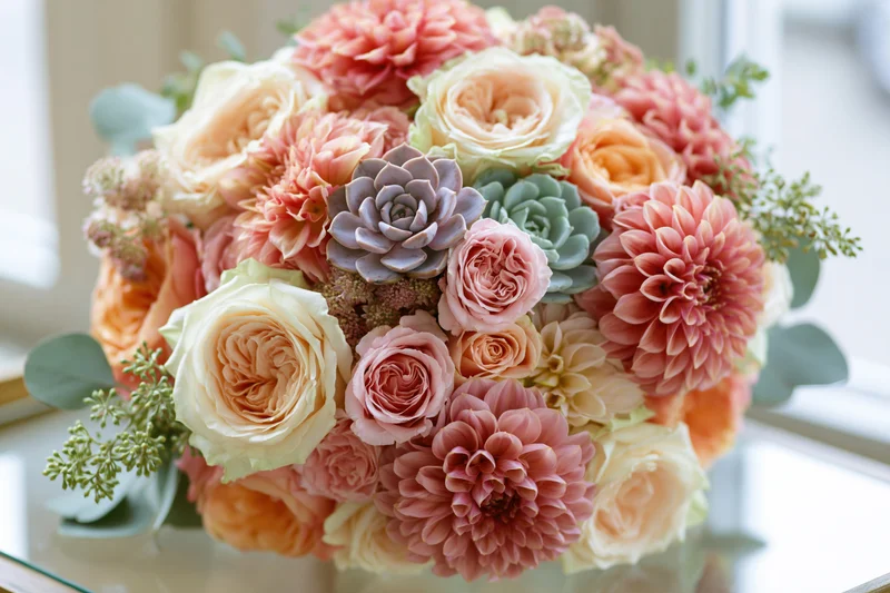Lush bridal bouquet of garden roses and dahlias in coral and peach tones with succulents and greenery on glass table near window