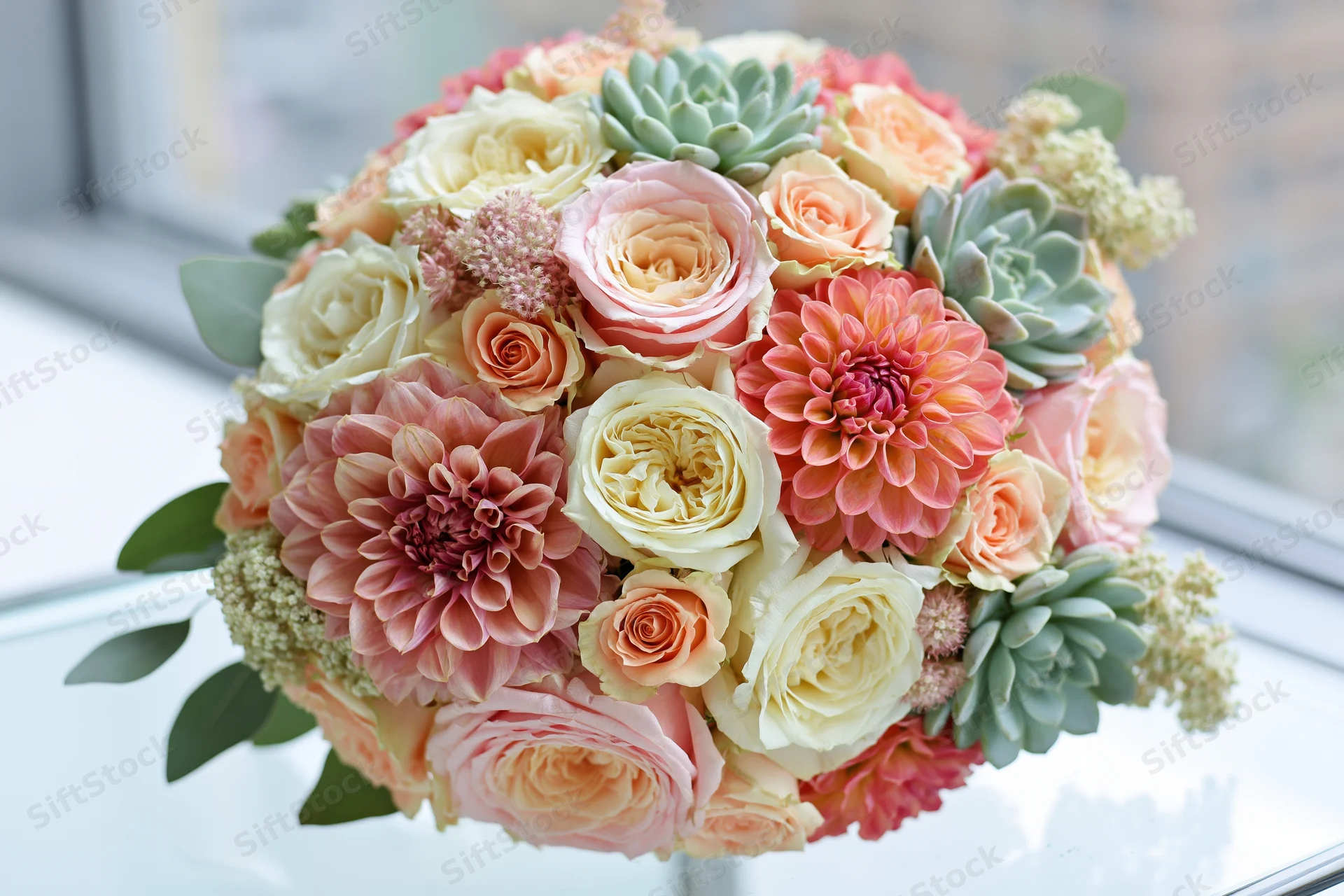 Lush bridal bouquet of garden roses and dahlias in coral and peach tones with succulents on a glass surface near a window