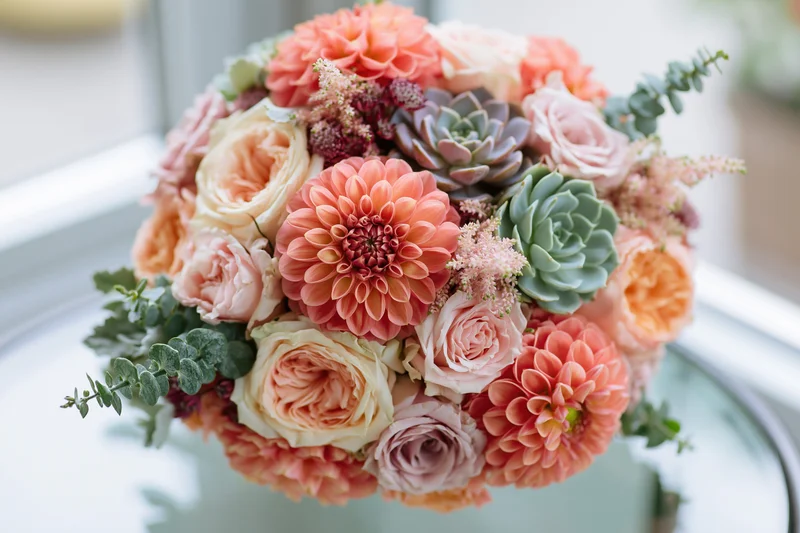 Lush bridal bouquet of coral and peach roses, dahlias, and succulents arranged in a round shape on a glass table