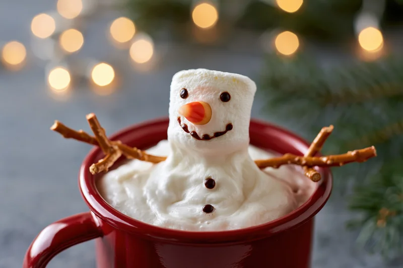 Marshmallow snowman melting into a red enamel mug of hot chocolate with pine branches and bokeh lights in the background