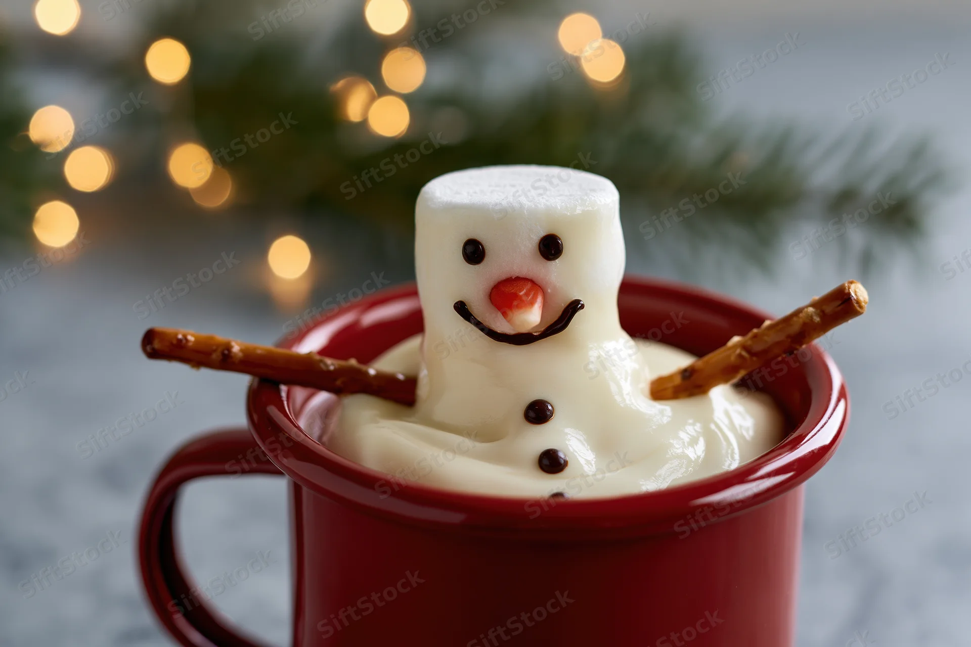 Marshmallow snowman melting into a red enamel mug of hot chocolate with pine and lights in background