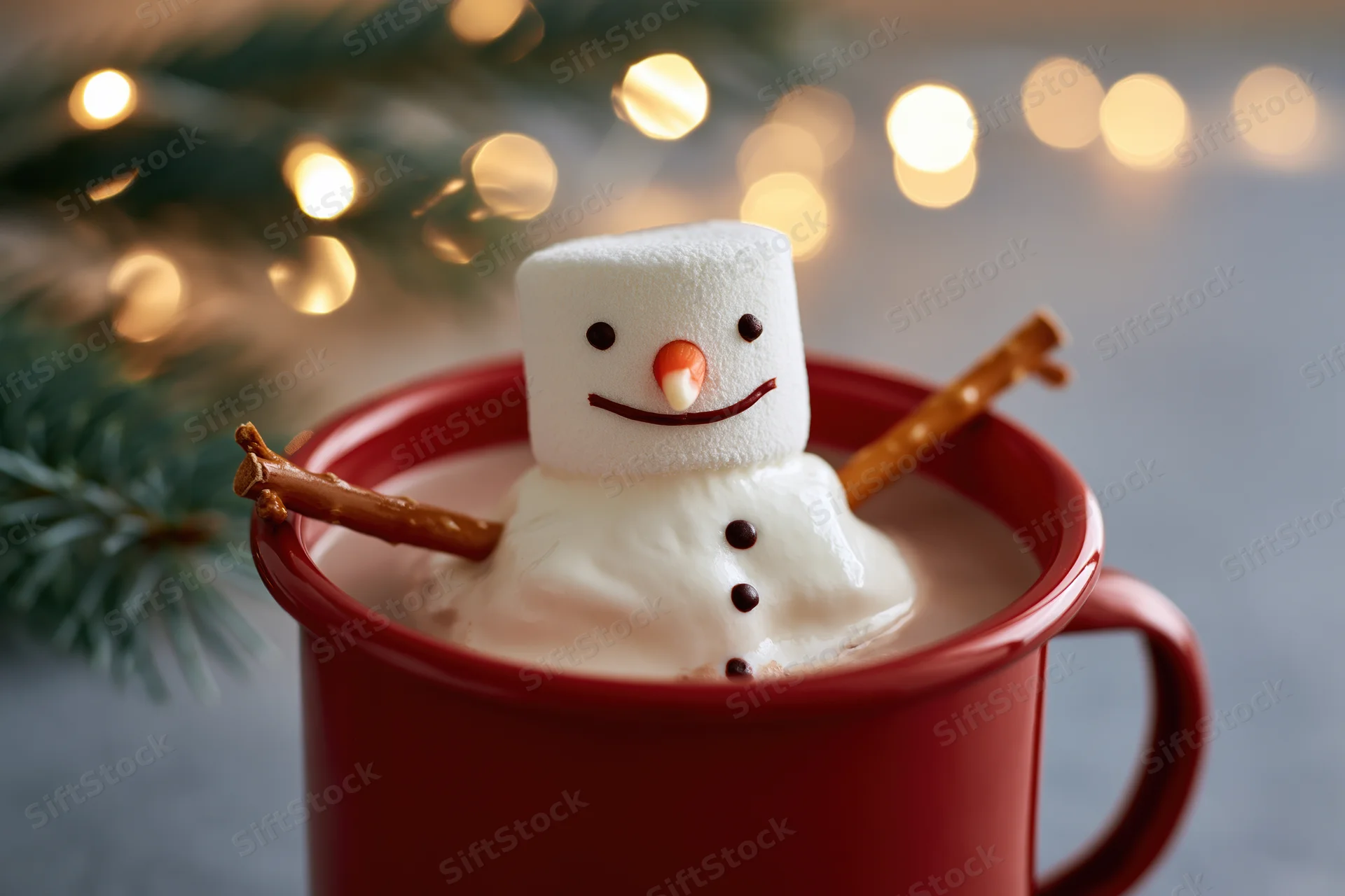 Marshmallow snowman melting into a red enamel mug of hot chocolate with pine and lights in the background