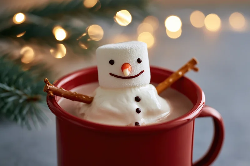 Marshmallow snowman melting into a red enamel mug of hot chocolate with pine and lights in the background