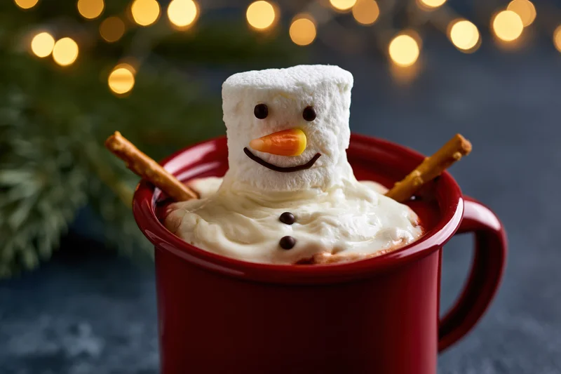 Marshmallow snowman melting into a red enamel mug of hot chocolate with festive lights and pine in background