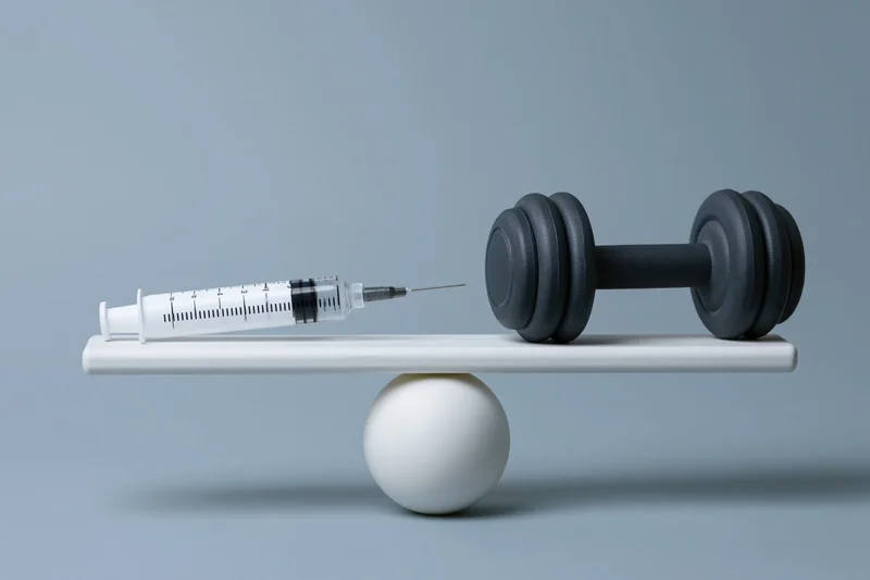 Syringe and dumbbell balanced on a white board over a sphere