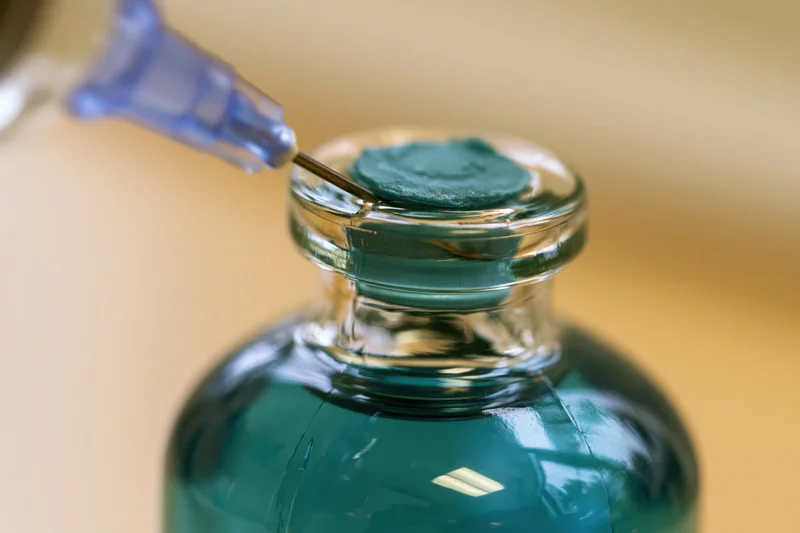 Syringe needle inserted into rubber stopper of glass vial containing teal liquid