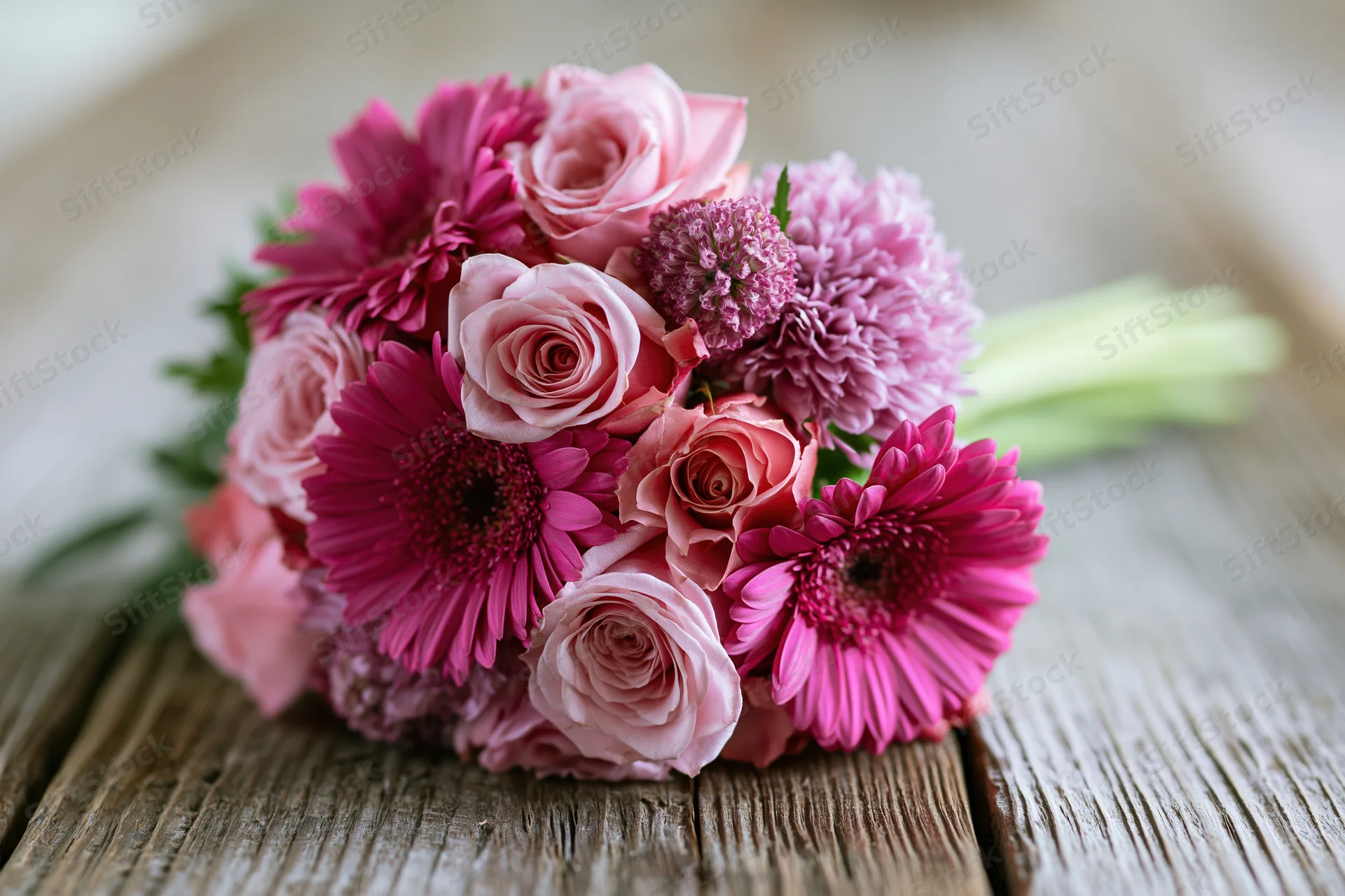 Pink roses and magenta gerbera daisies arranged in a bouquet on a rustic wooden table
