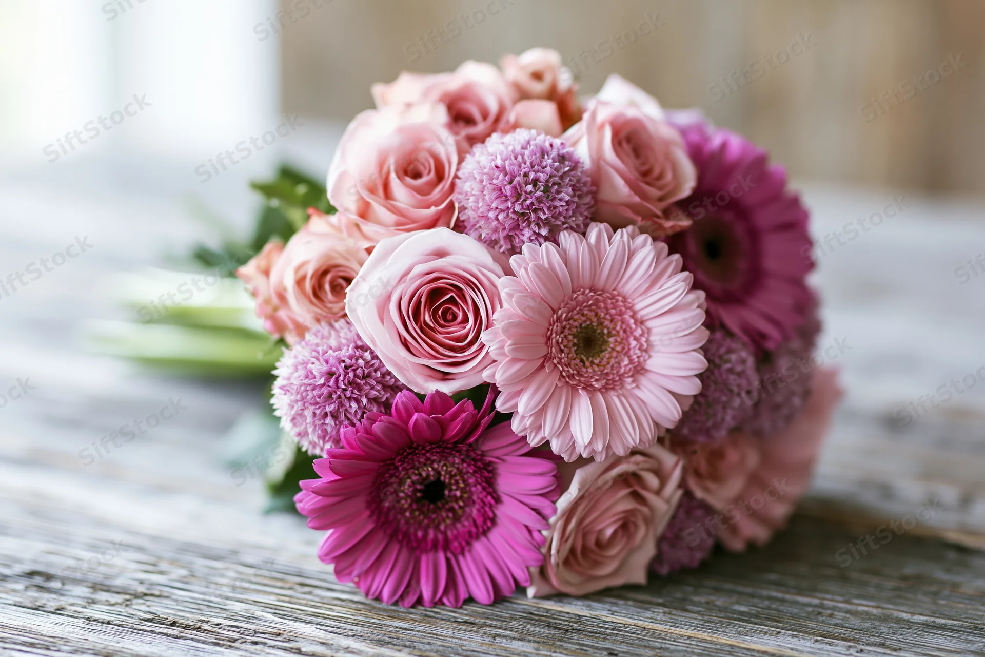 A bouquet of pink roses and magenta gerbera daisies arranged on a rustic wooden table