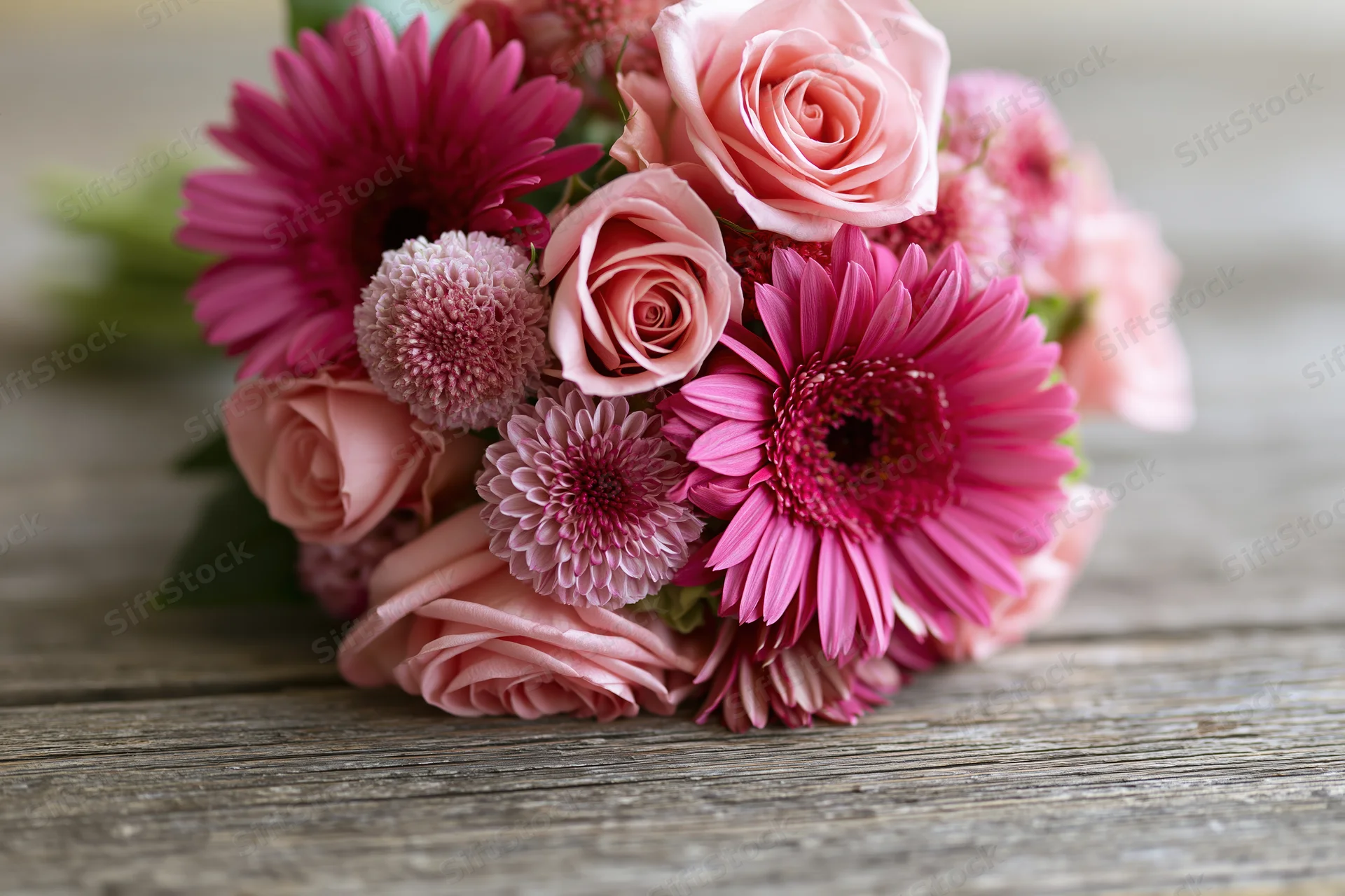 Pink roses and magenta gerbera daisies arranged in a bouquet on a wooden table