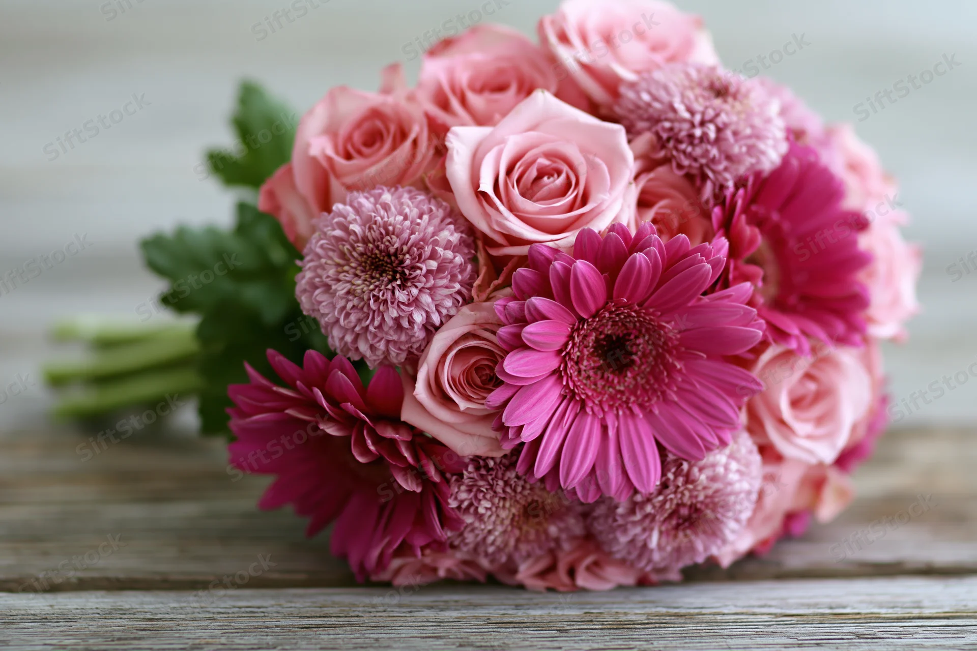 Mixed bouquet of pink roses and magenta gerbera daisies on a wooden table