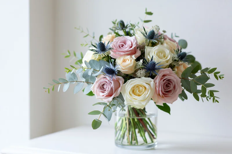 Mixed floral bouquet with roses and eucalyptus in a clear glass vase on a white surface