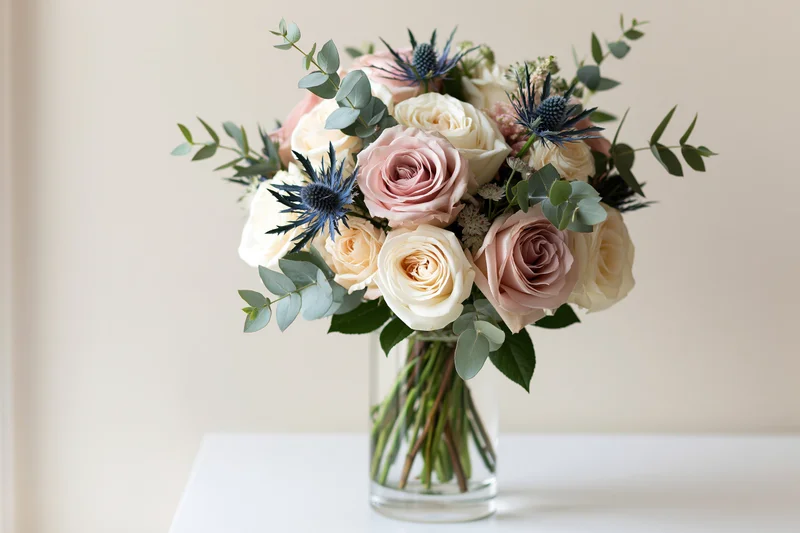 Mixed floral bouquet with roses, eucalyptus and thistle in a clear glass vase on a white table