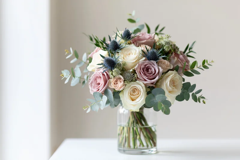 Mixed floral bouquet with roses and eucalyptus in a clear glass vase on a white table