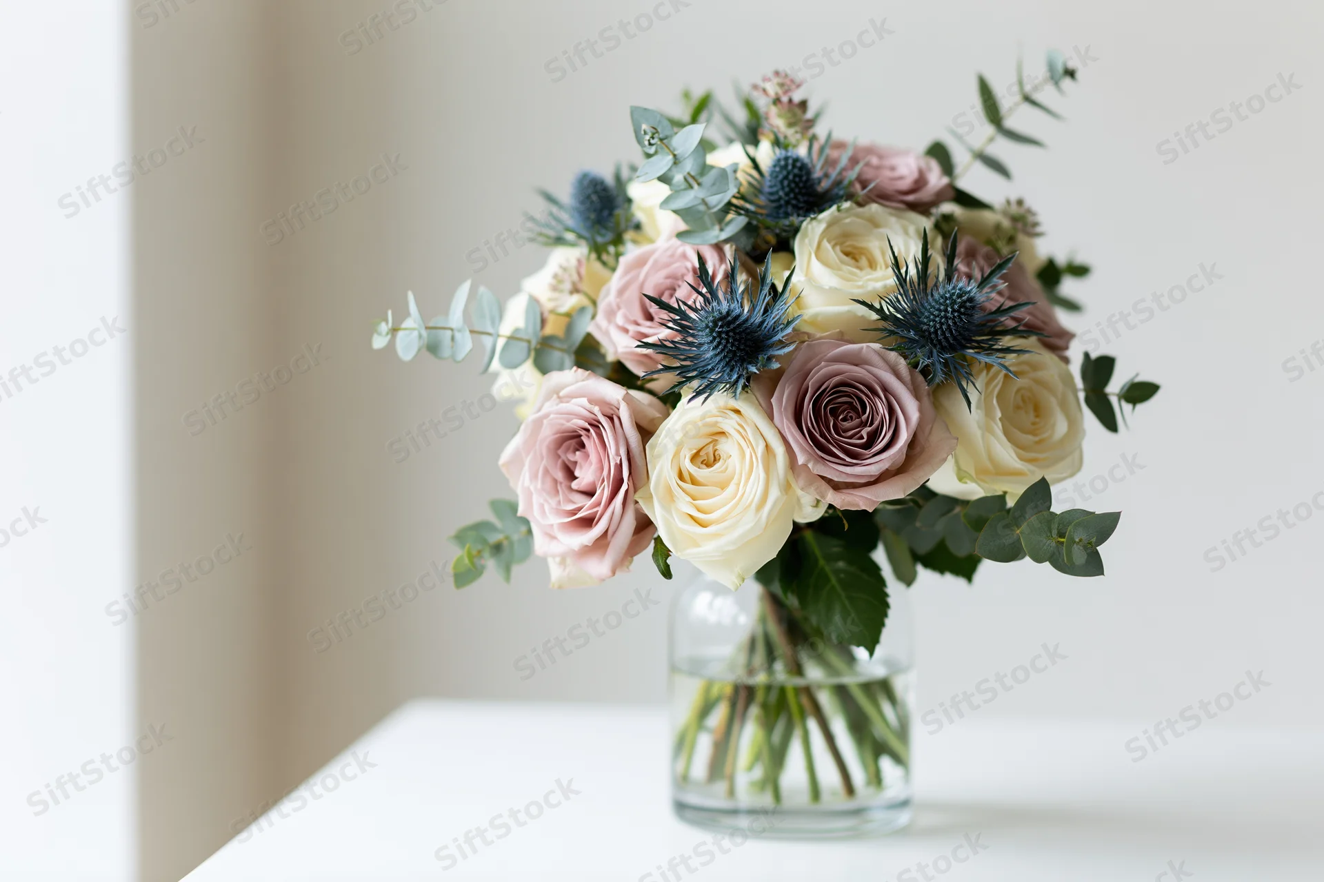Mixed floral bouquet with roses and thistle in a clear glass vase on a white table