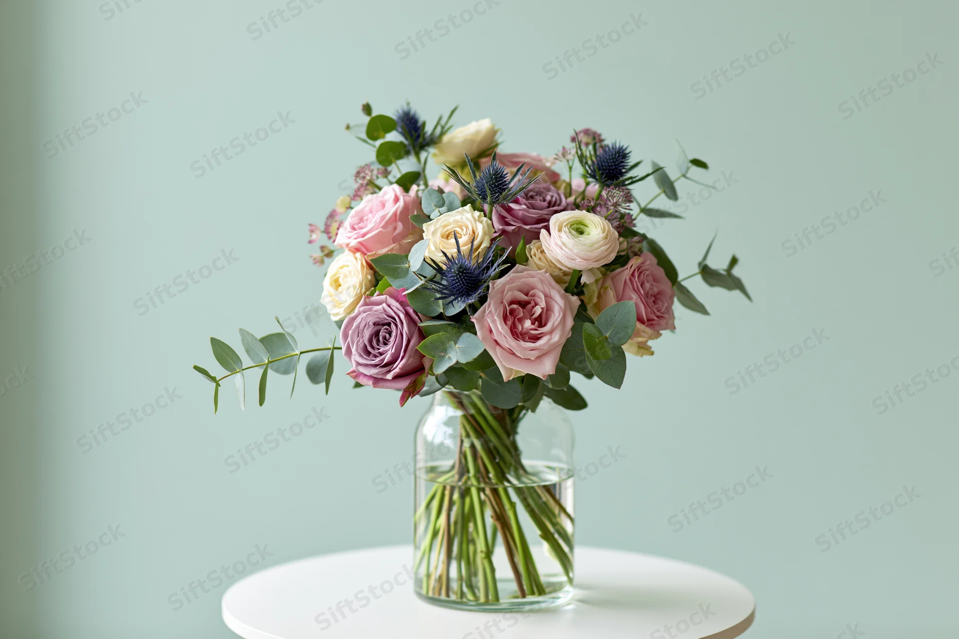 Mixed flower bouquet in a clear glass vase on a white round table against a mint background